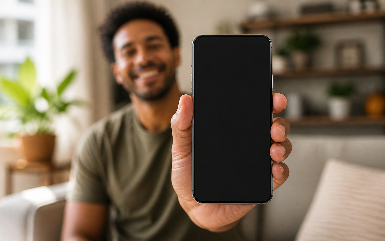 Cliente satisfeito mostrando no celular uma conversa de atendimento